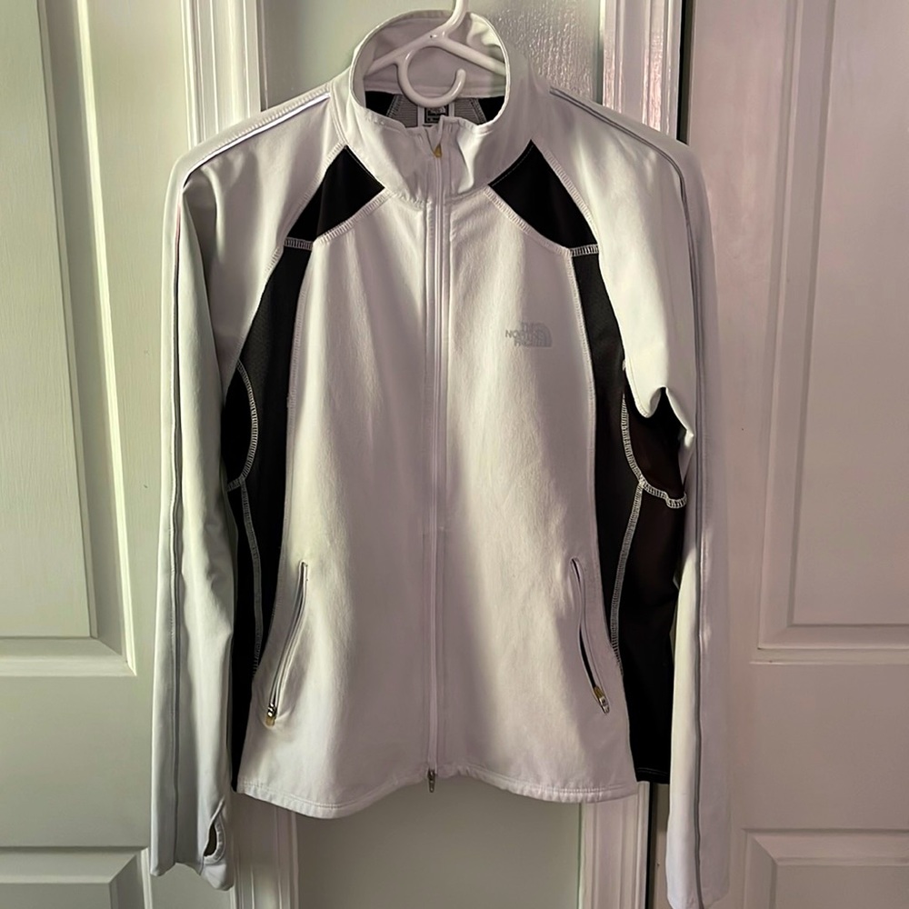 North Face lightweight jacket zip up white/black/silver reflector trim.